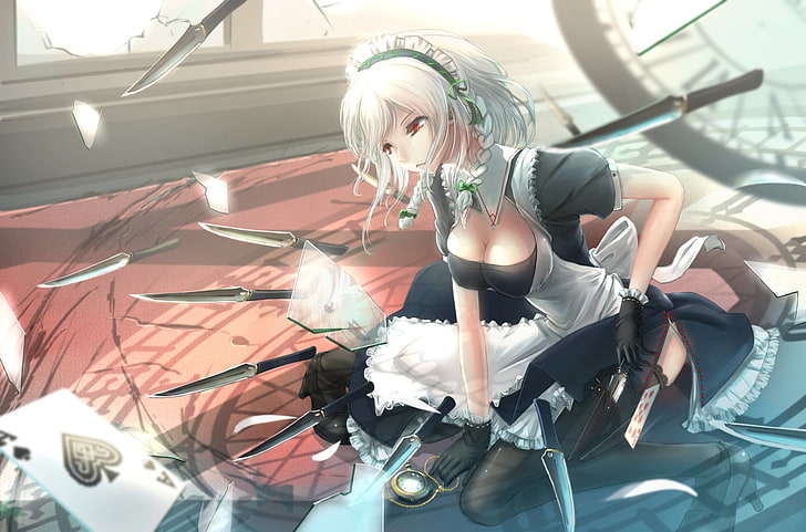 white-haired maid surrounded with flying knives anime character digital wallpaper