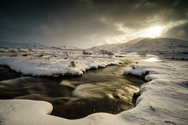 snow near water, Bursting, ILCE-7R, landscape, iceland, clouds, HD wallpaper