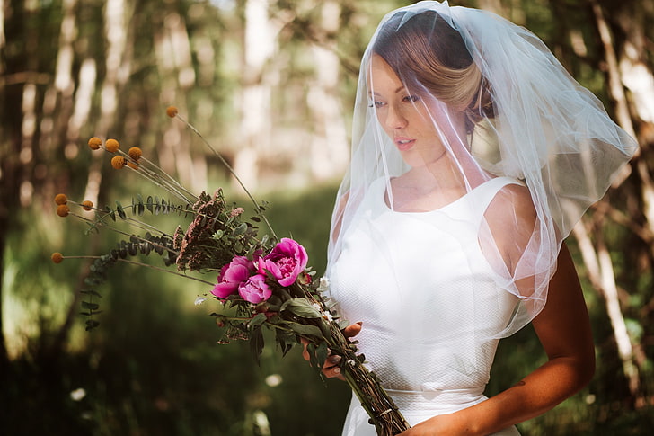 flowers, bouquet, the bride, veil, wedding, bokeh, Olya Alessandra, HD wallpaper