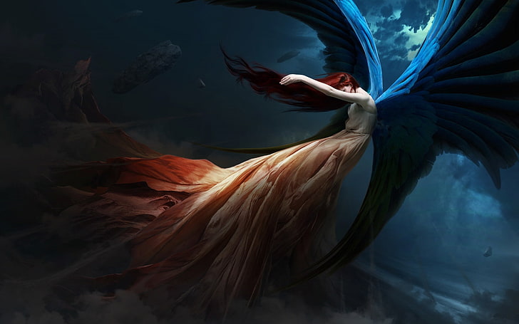 Fallen angel, fantasy, wings, luminos, girl, orange, blue, HD wallpaper