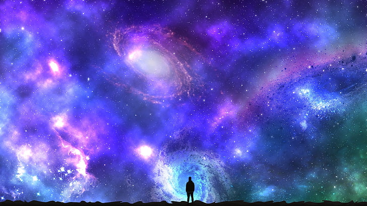 silhouette of person and galaxy painting, planet, night, isolation, HD wallpaper