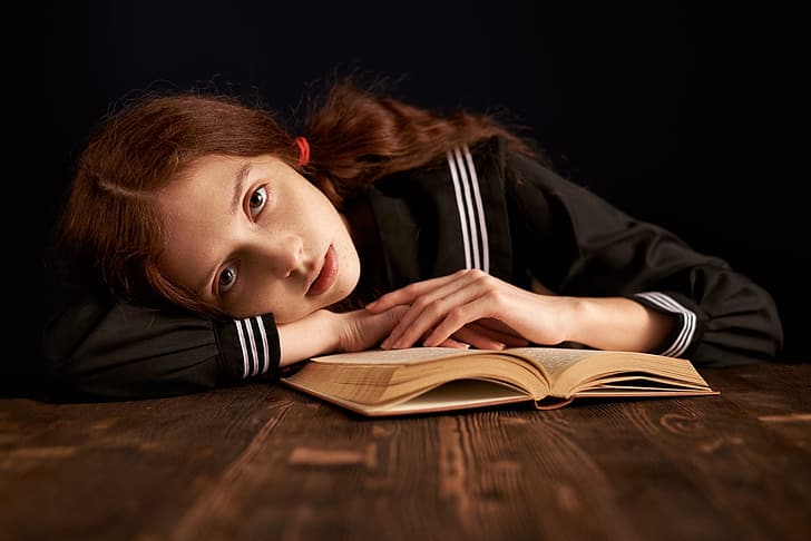 Max Pyzhik, women, redhead, pigtails, schoolgirl, books, freckles