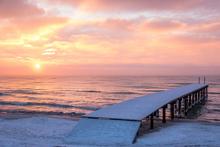 white wooden dock beside the beach during sunset, Winter, Sunrise