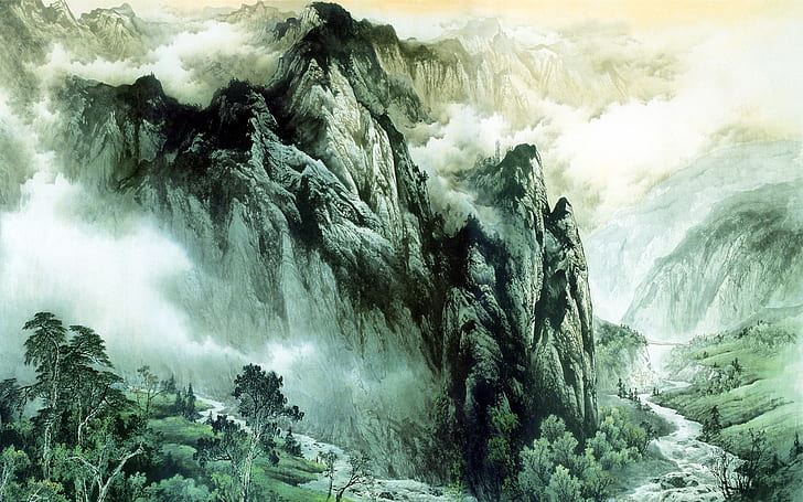 Chinese ink painting mountains and rivers, HD wallpaper