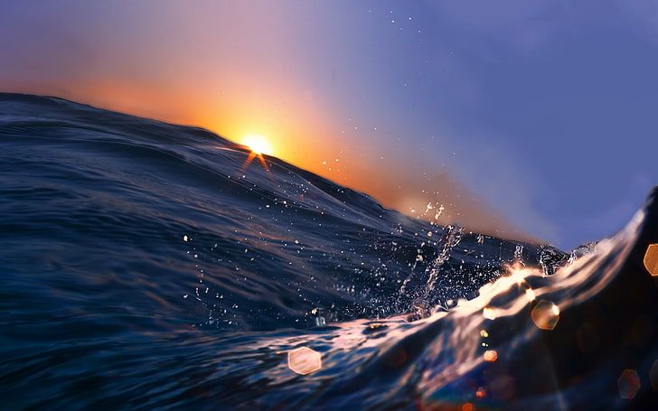 sea, waves, lens flare, sunlight, water, sky, sunset, beauty in nature