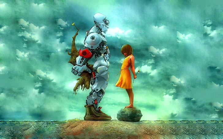 robot facing girl wallpaper, artwork, love, children, science fiction