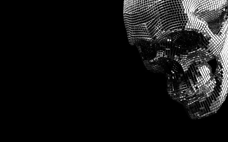 gray pixelized skull, digital art, fantasy art, pixels, monochrome, HD wallpaper