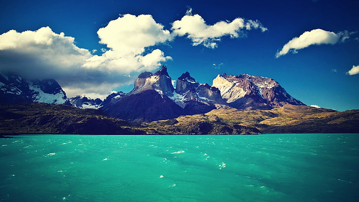 mountain, landscape, mountains, lake, water, clouds, Torres del Paine