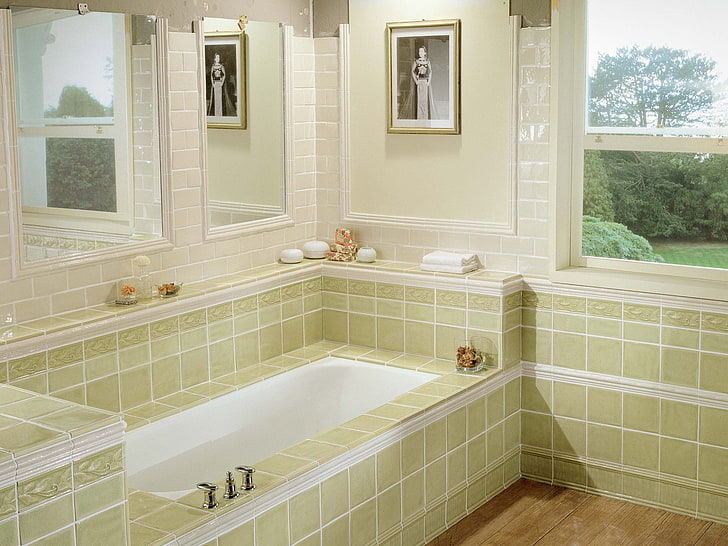 green bath tub, bathroom, furniture, style, tile, light, domestic Bathroom, HD wallpaper