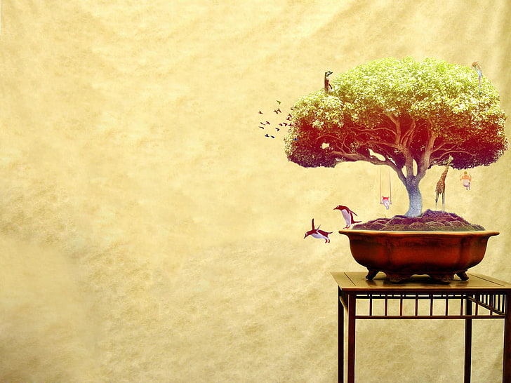 Hd Wallpaper Tree With Animals Painting Green Bonsai Tree On Brown Steel Vase Wallpaper Flare
