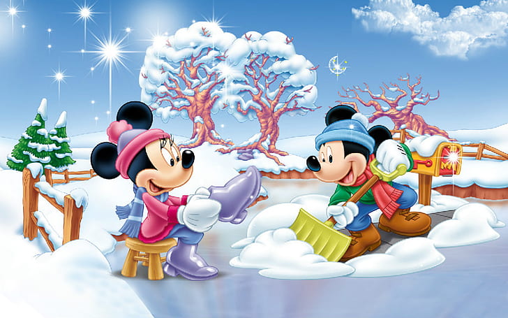 Minnie And Mickey Mouse Winter Snow Fence Yard Blue Sky Winter Clothes Full Hd Wallpapers 1920×1200