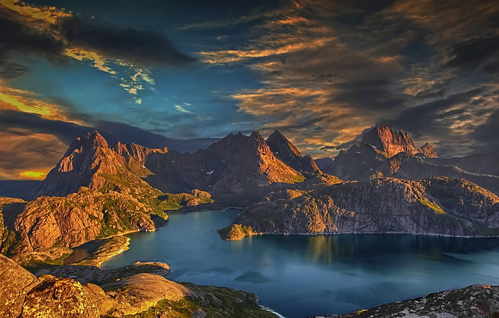 body of water, sunset, mountains, bay, island, Lofoten, Norway, HD wallpaper