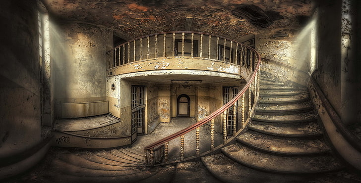 architecture, interior, staircase, stairs, handrail, door, abandoned