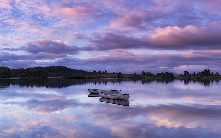 two white wooden canoes, lake, boats, skyline, sunrise, dawn