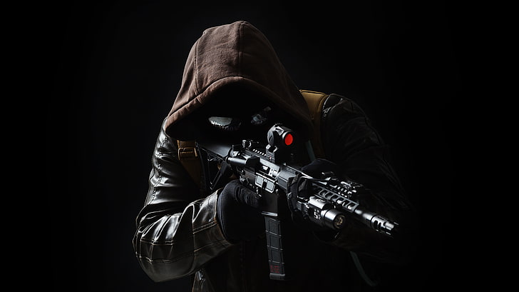 man holding rifle digital wallpaper, weapons, hood, male, leather jacket