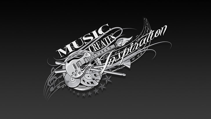 music creates text overley, typography, gray, black background