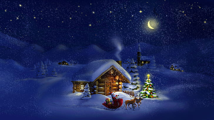 Holiday, Christmas, Cabin, Christmas Tree, Light, Moon, Night