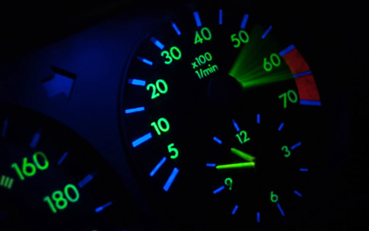 black and blue gauge, mercedes, mercedes-benz, speedometer, car, HD wallpaper