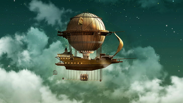 airship, dreamy, dreamland, art, sky, fly, flying, starry sky, HD wallpaper