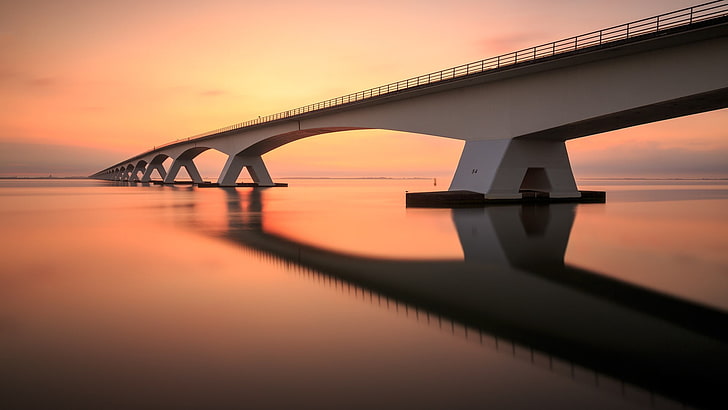 white bridge during sunset, evening, reflection, water, built structure, HD wallpaper