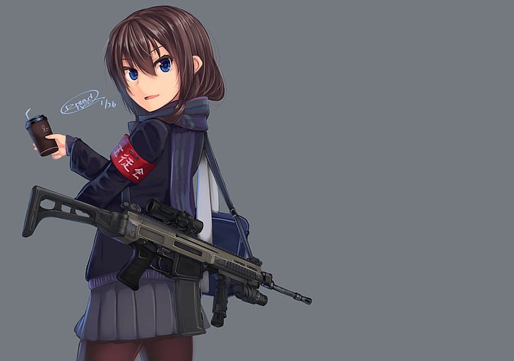 gun, anime girls, school uniform, original characters, CZ 805 BREN, HD wallpaper
