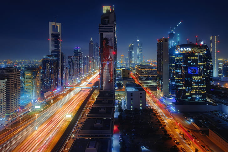 Dubai, long exposure, lights, cityscape, night, urban, street, HD wallpaper
