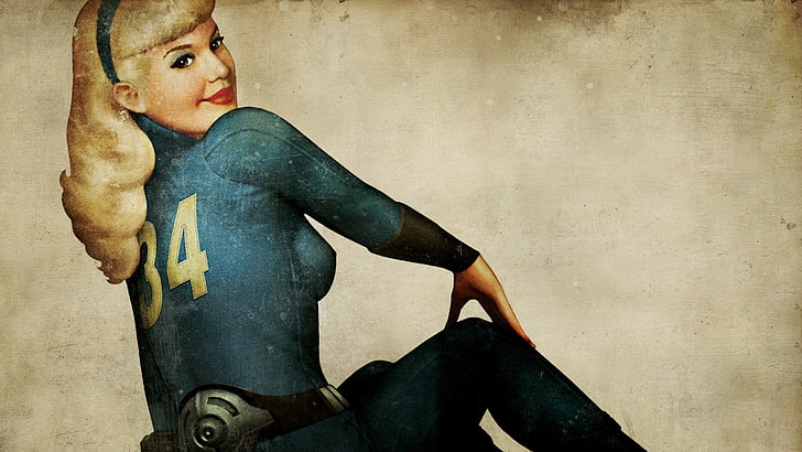 painting of woman wearing blue 34 jersey, Fallout, pinup models