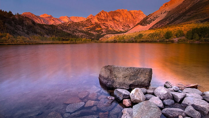 gray and brown rocks, nature, lake, mountains, stones, water, HD wallpaper
