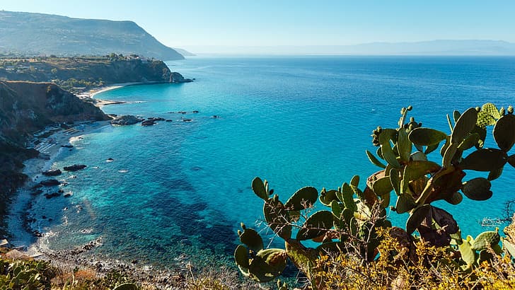 rock, sky, sea, landscape, Italy, plants, Calabria, Capo Vaticano, HD wallpaper