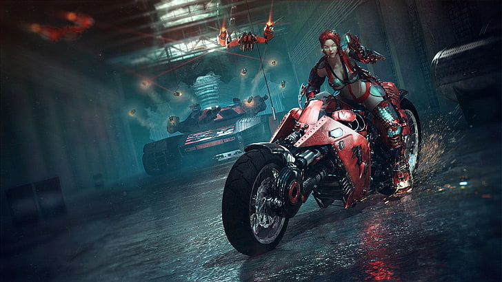 female game character illustration, women, motorcycle, cyberpunk, HD wallpaper