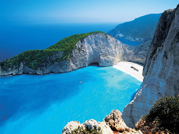 beach, boat, cliff, Greece, Greek, island, landscape, mountains, HD wallpaper