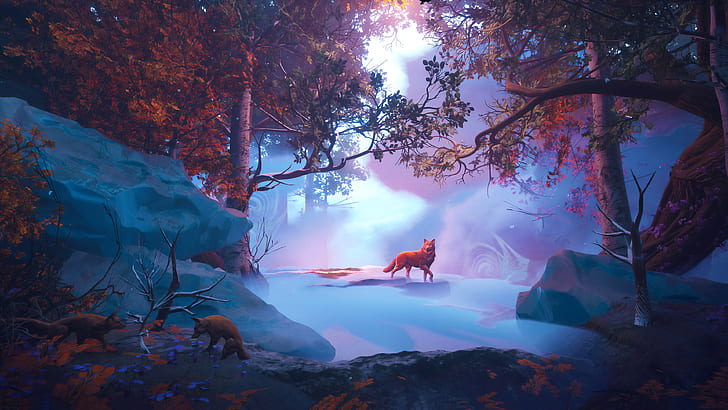digital art, landscape, fox, forest, fantasy art, illustration