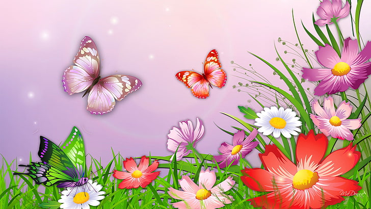 butterflies and flowers illustration, grass, butterfly, nature