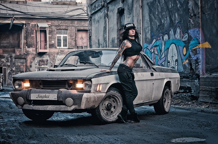 gray car, Angelica Anderson, women, women with cars, Volga, GAZ, HD wallpaper