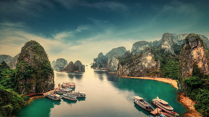 vietnam, sky, water, halong bay, cloud, mount scenery, mountain, HD wallpaper