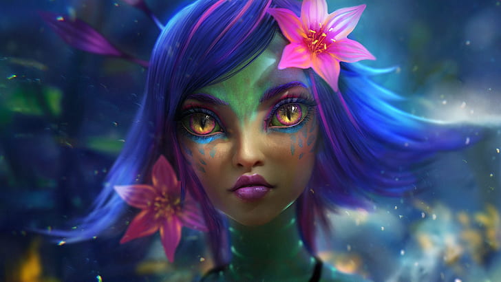 artwork, fantasy girl, flower in hair, fantasy art, blue hair