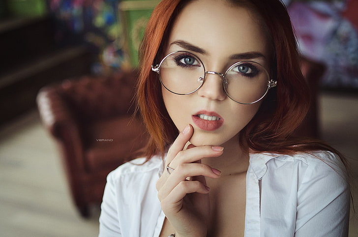 Ekaterina Sherzhukova, women, glasses, portrait, redhead, face, HD wallpaper