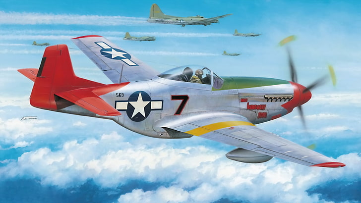 gray and red fighter plane, aircraft, war, art, painting, aviation, HD wallpaper
