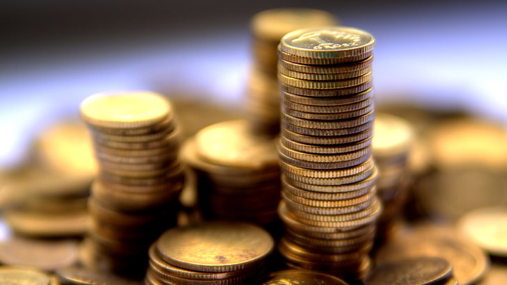 round gold-coin lot, macro, coins, money, bokeh, currency, finance, HD wallpaper
