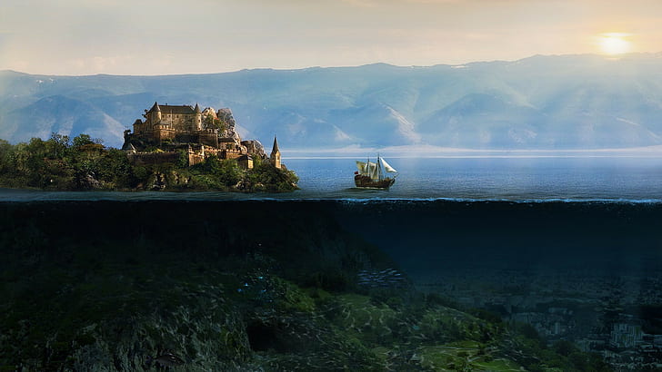 fantasy Art, Sailing Ship, split view, Sunken Cities, underwater