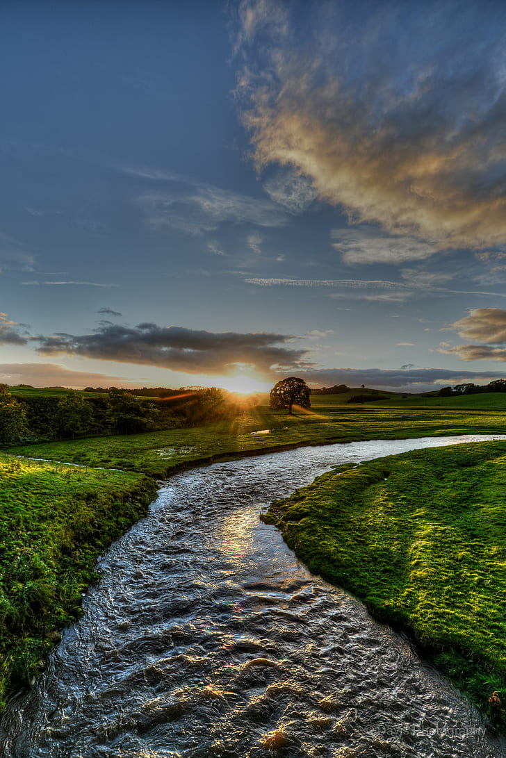 curved flowing river between grass open field, rays, rays, River Aire