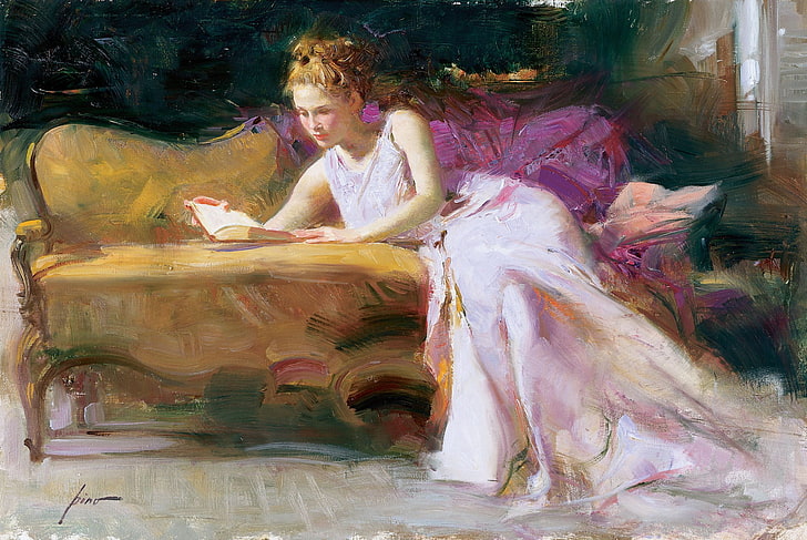woman lying on sofa painting, girl, picture, dress, art, blonde