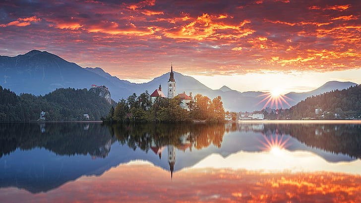 calm, europe, slovenia, castle, bled castle, church, mountain lake, HD wallpaper