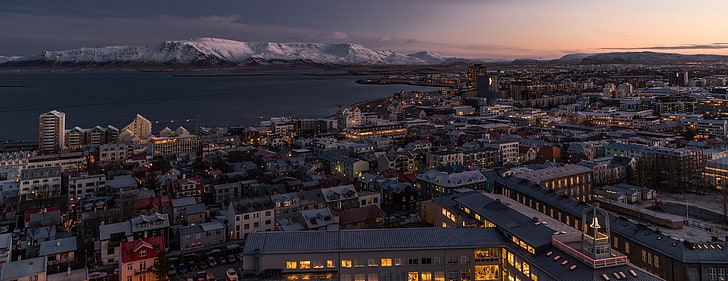 city, sunset, mountains, snow, multiple display, architecture