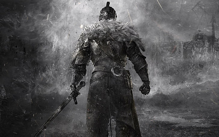 Dark Soul 2 game poster, Dark Souls, knight, sword, video games