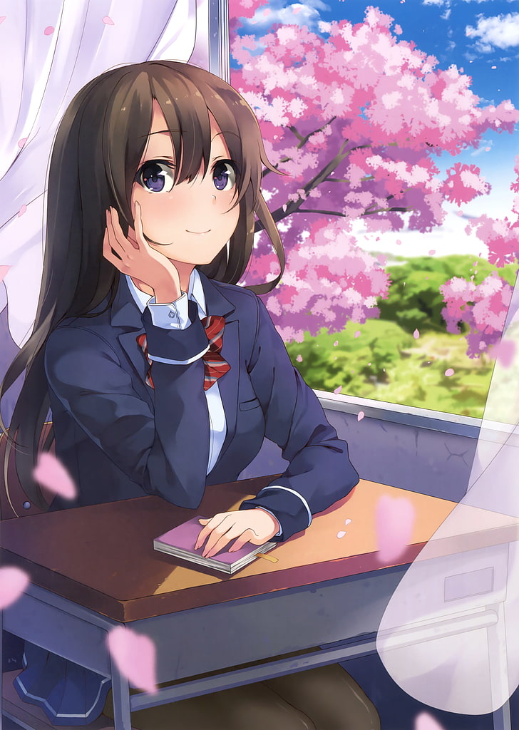 anime girl, school, cherry, sakura blossom, school uniform, HD wallpaper