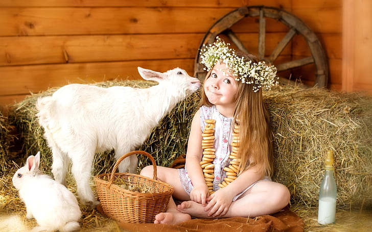 Joy cute girl, wreath, goat, rabbit, basket, eggs