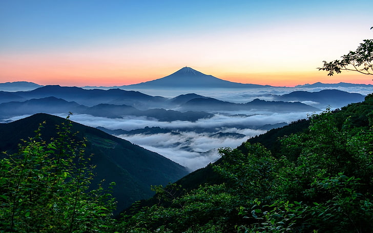 green mountains, nature, landscape, Mount Fuji, Japan, forest, HD wallpaper