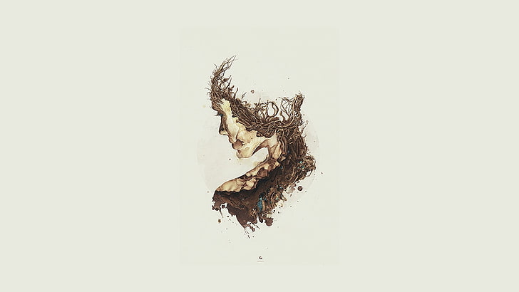woman's soil portrait, artwork, surreal, minimalism, white background