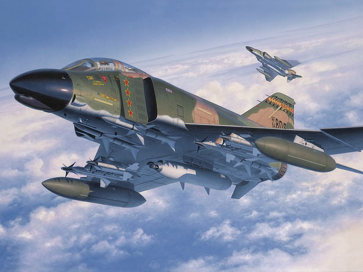 green and white fighter jet, war, art, painting, aviation, McDonnell Douglas F-4 Phantom II